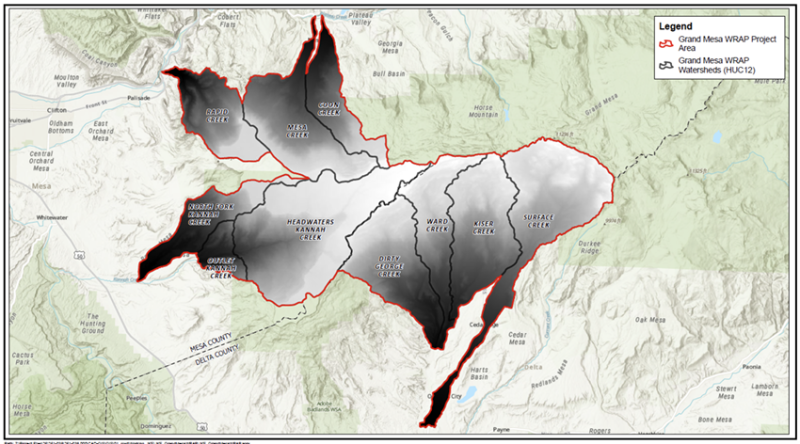 Map of the Grand Mesa with the WRAP project outlined in red and the watershed shown in a gradient of white to black. 